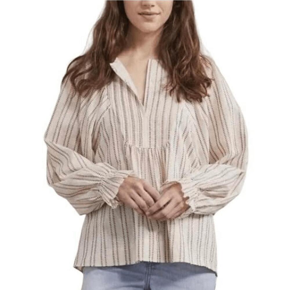 Elizabeth and James XL Pintuck Ivory Red Bib Blouse Tunic Boho bell sleeves